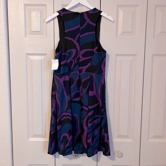 NWT TRINA TURK Marcia Sleeveless Dress Sz 8 ALine VNeck Black Purple Blue Easter - Picture 2 of 12